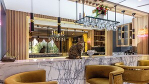 Una zona de bar con mostrador de mármol, sillas doradas y un gato sentado en el mostrador.