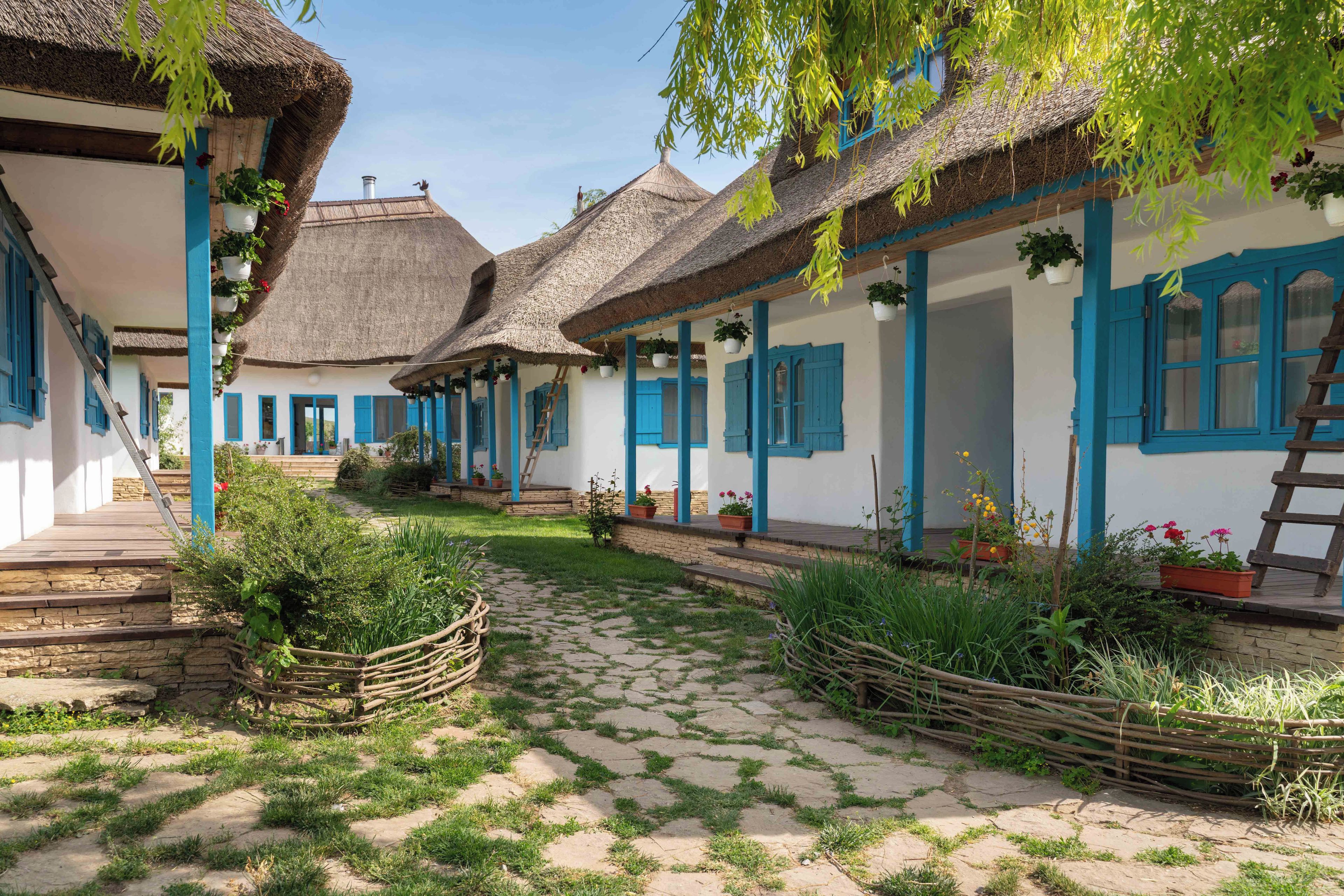 A traditional village setting with thatched-roof houses, a cobblestone pathway, and a rustic wooden fence.