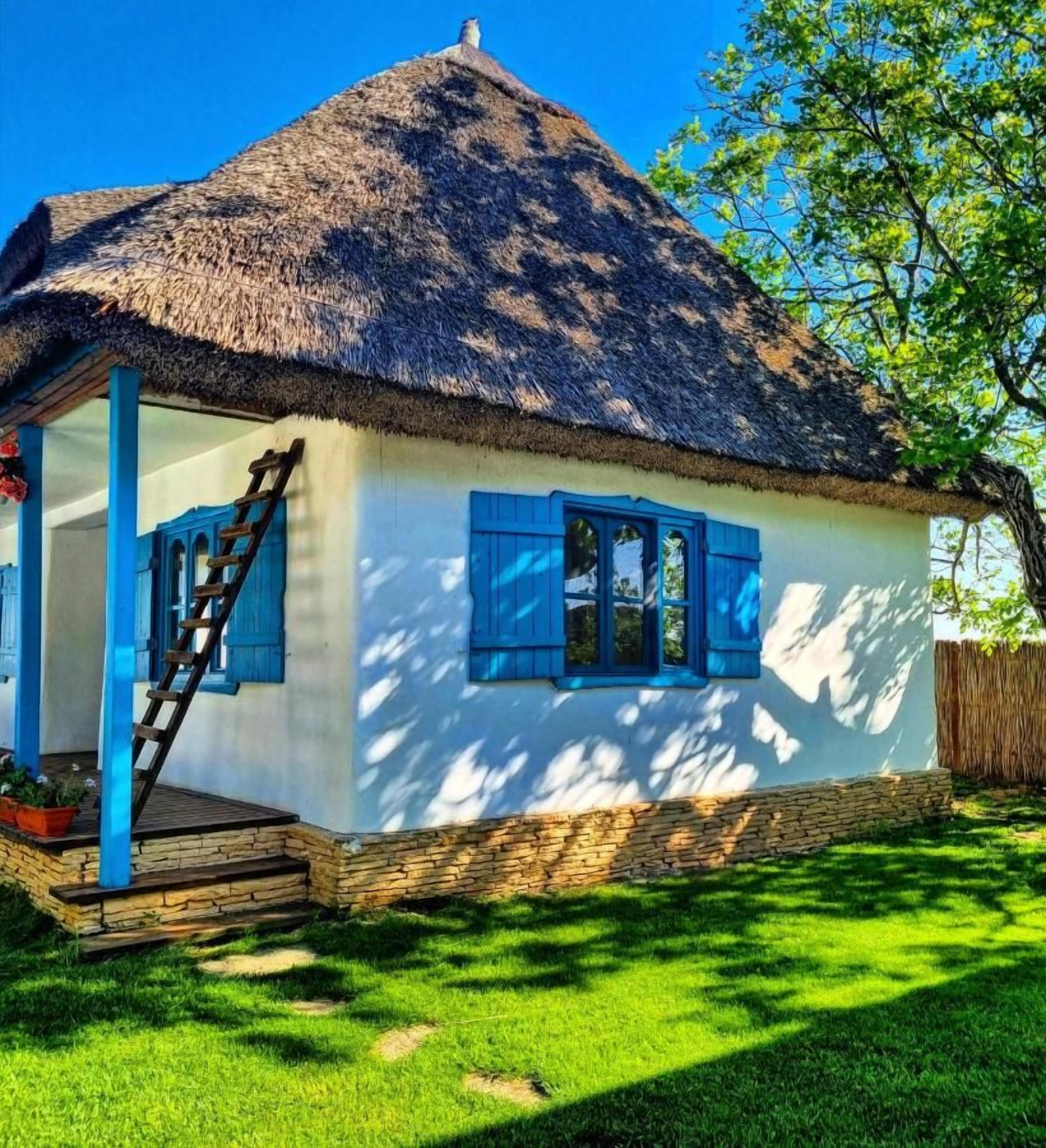 A house with a thatched roof, blue shutters, and a stone foundation.