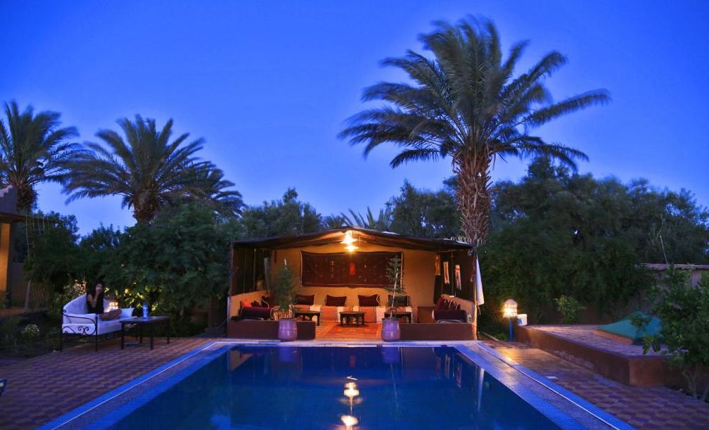 A poolside area with a covered seating area, palm trees, and a clear sky.