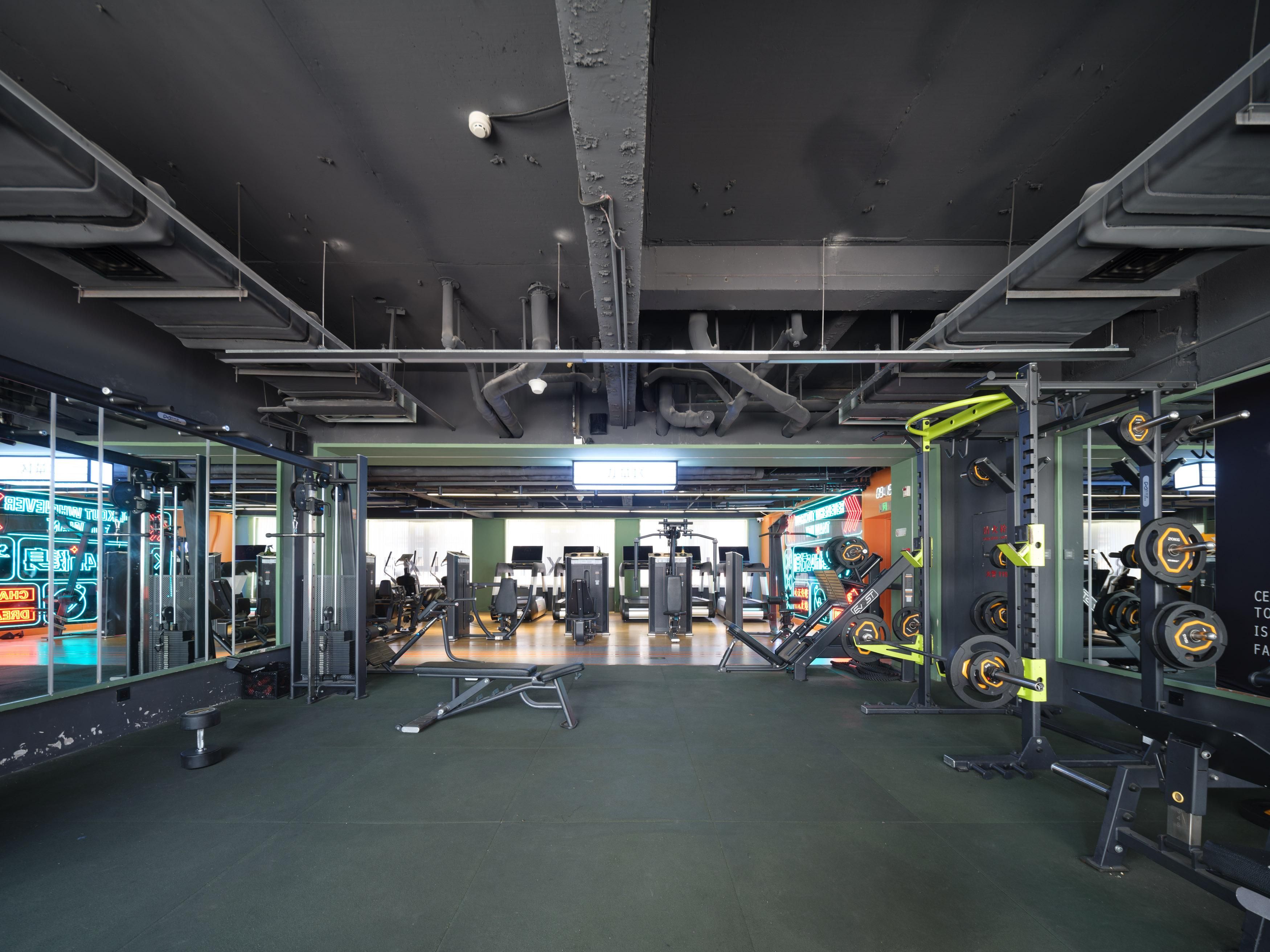 Une salle de sport équipée de divers appareils d’exercice, dotée d’un mur recouvert de miroirs et d’un sol vert.