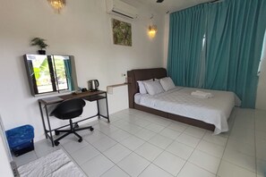 A bedroom with a bed, desk, chair, and a window with curtains. - Aeden Villa Roomstay & Homestay By Zuzu (Kuala Kangsar)