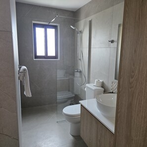 A modern bathroom with a glass-enclosed shower, a toilet, and a sink. - Kentrikon 1924 Boutique Hotel And Suites (Paphos)