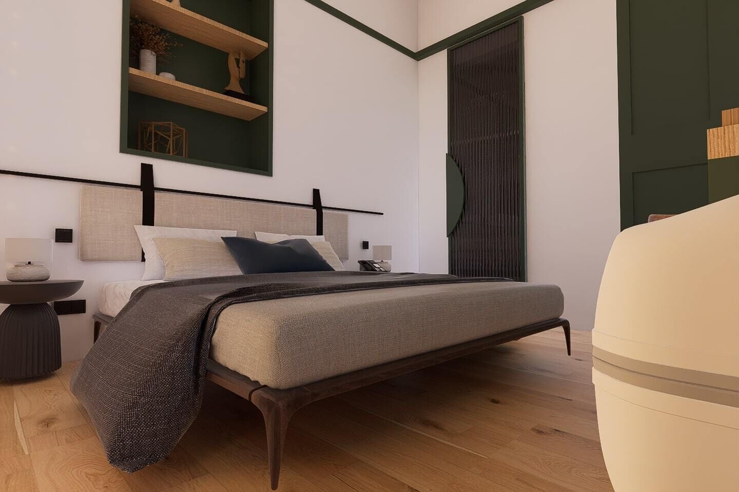 A modern bedroom with a bed, bedside tables, a nightstand, a shelf with decorative items, and a window with blinds.