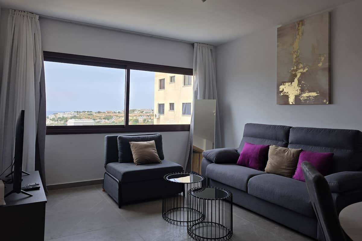 A modern living room with a grey sofa, a black armchair, and a round coffee table. A large window offers a view of buildings and greenery.