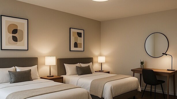 Habitación de hotel con dos camas, un escritorio, una silla y un espejo redondo.