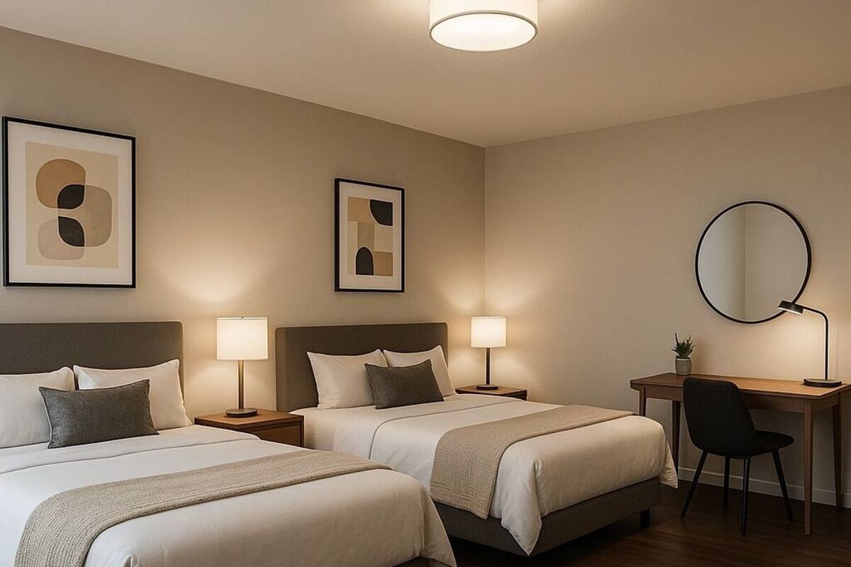 A hotel room with two beds, a desk, a chair, and a round mirror.