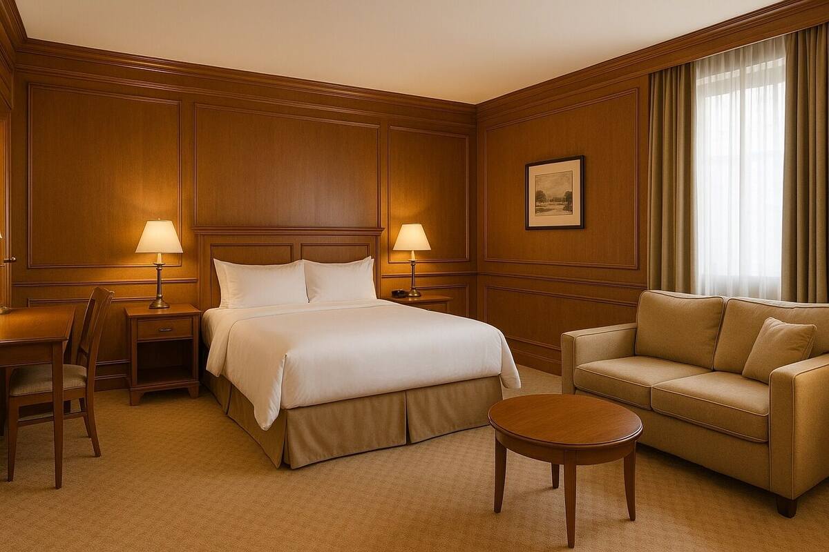 A hotel room with a bed, two bedside tables with lamps, a sofa, a chair, and a small round table.