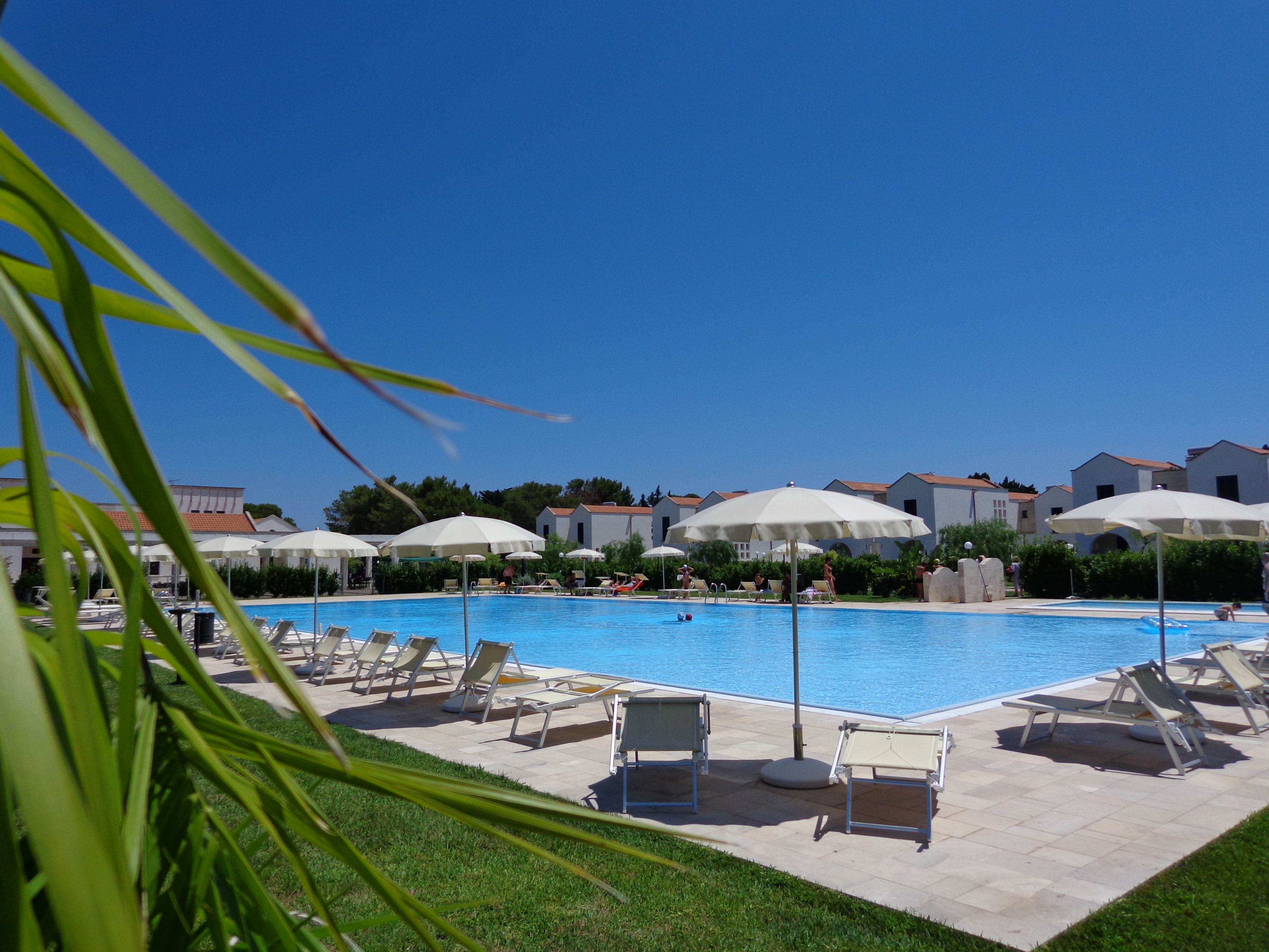 A swimming pool with lounge chairs and umbrellas, surrounded by buildings with red-tiled roofs.
