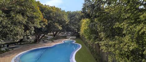 Una piscina de borde curvo, rodeada por un solárium pavimentado y abundante vegetación.