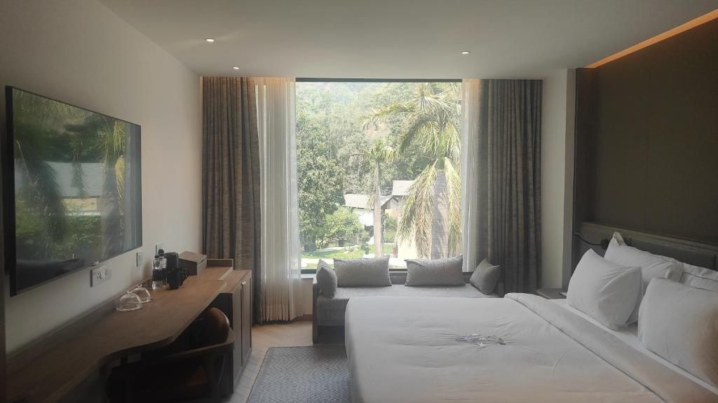 A hotel room with a large bed, a desk, a TV, and a window with a view of greenery.
