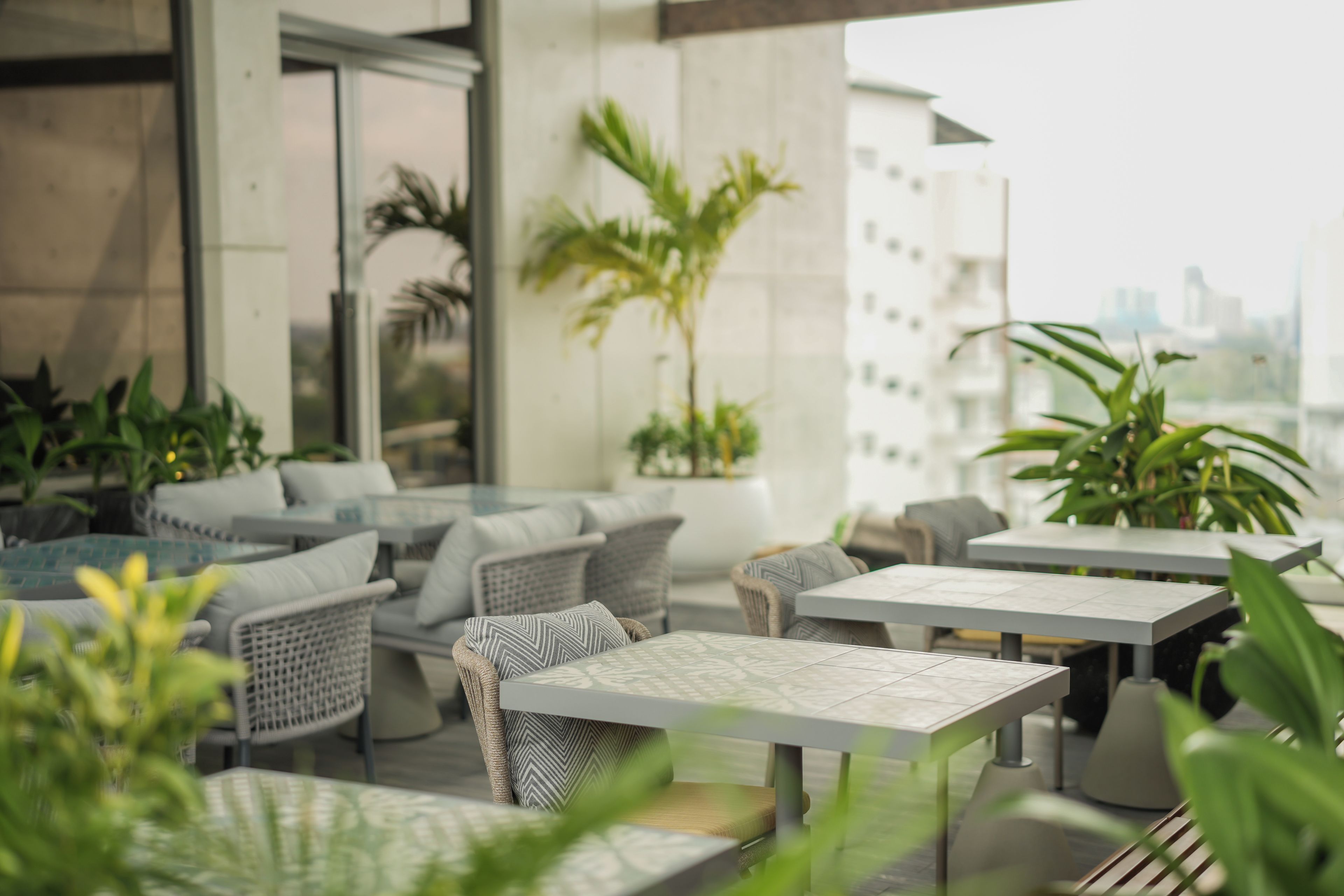 An outdoor seating area with tables and chairs, potted plants, and a cityscape view.