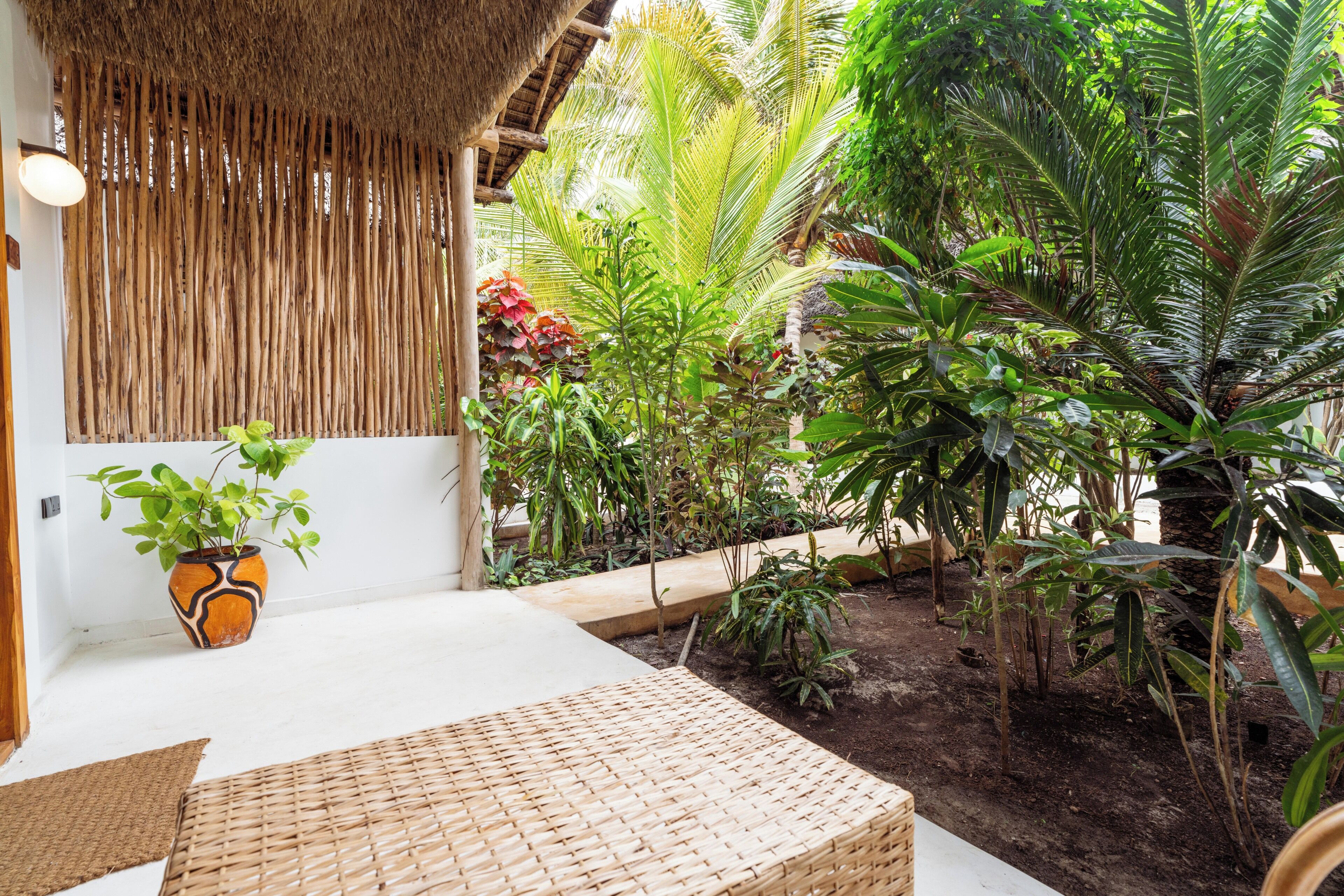 A room with a thatched roof, a woven bench, and a variety of tropical plants.