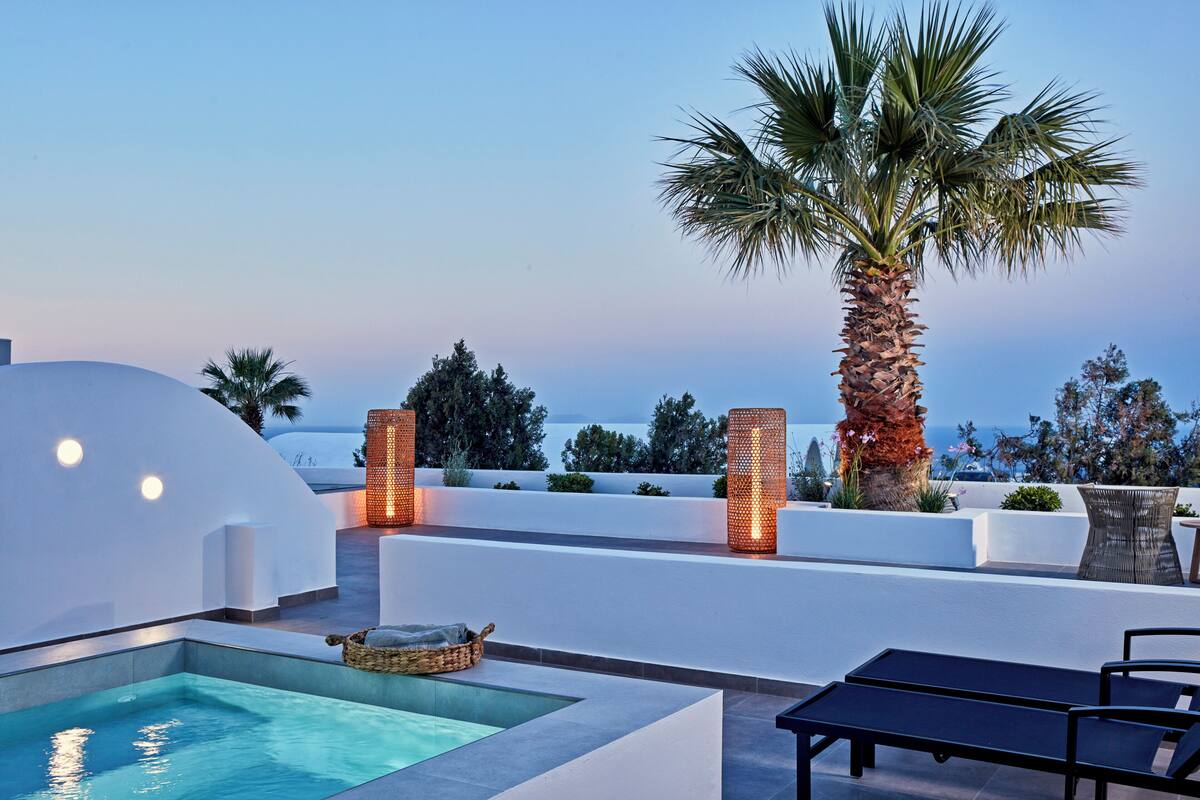 Uma área de piscina no terraço com vista desobstruída para o oceano, uma palmeira e design arquitetônico moderno.