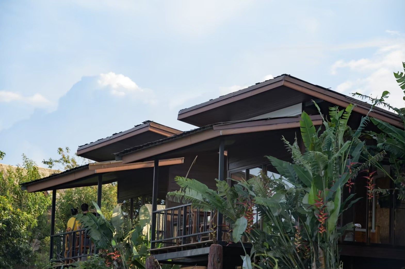 A modern building with a flat roof, large windows, and a covered outdoor area with plants.