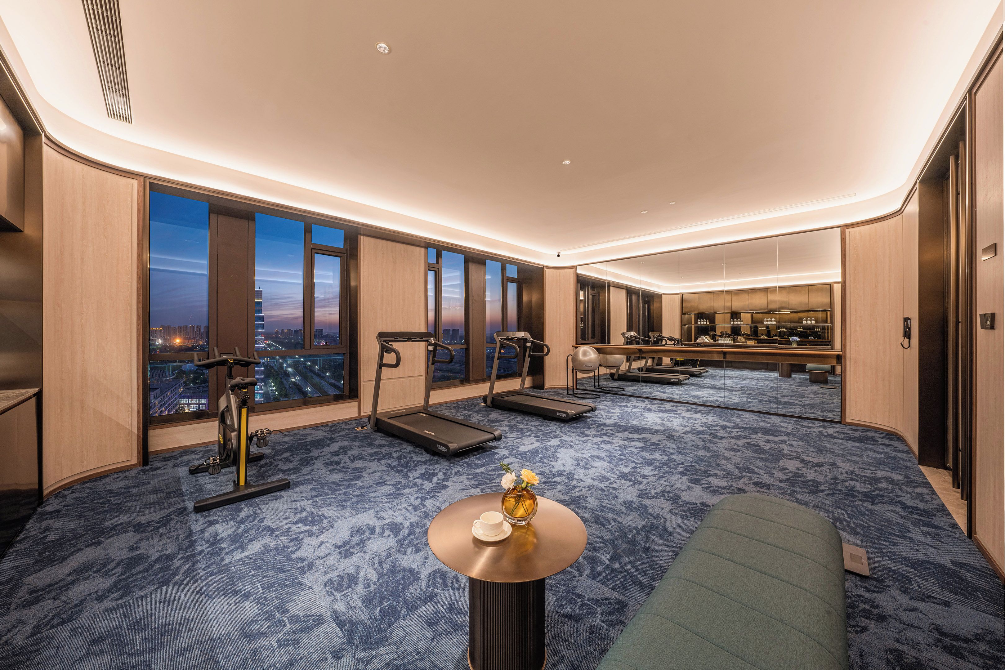 A hotel room with a city view, exercise equipment, a small table with a vase, and a sofa.