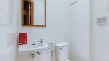 A bathroom with a white sink, a toilet, and a mirror.