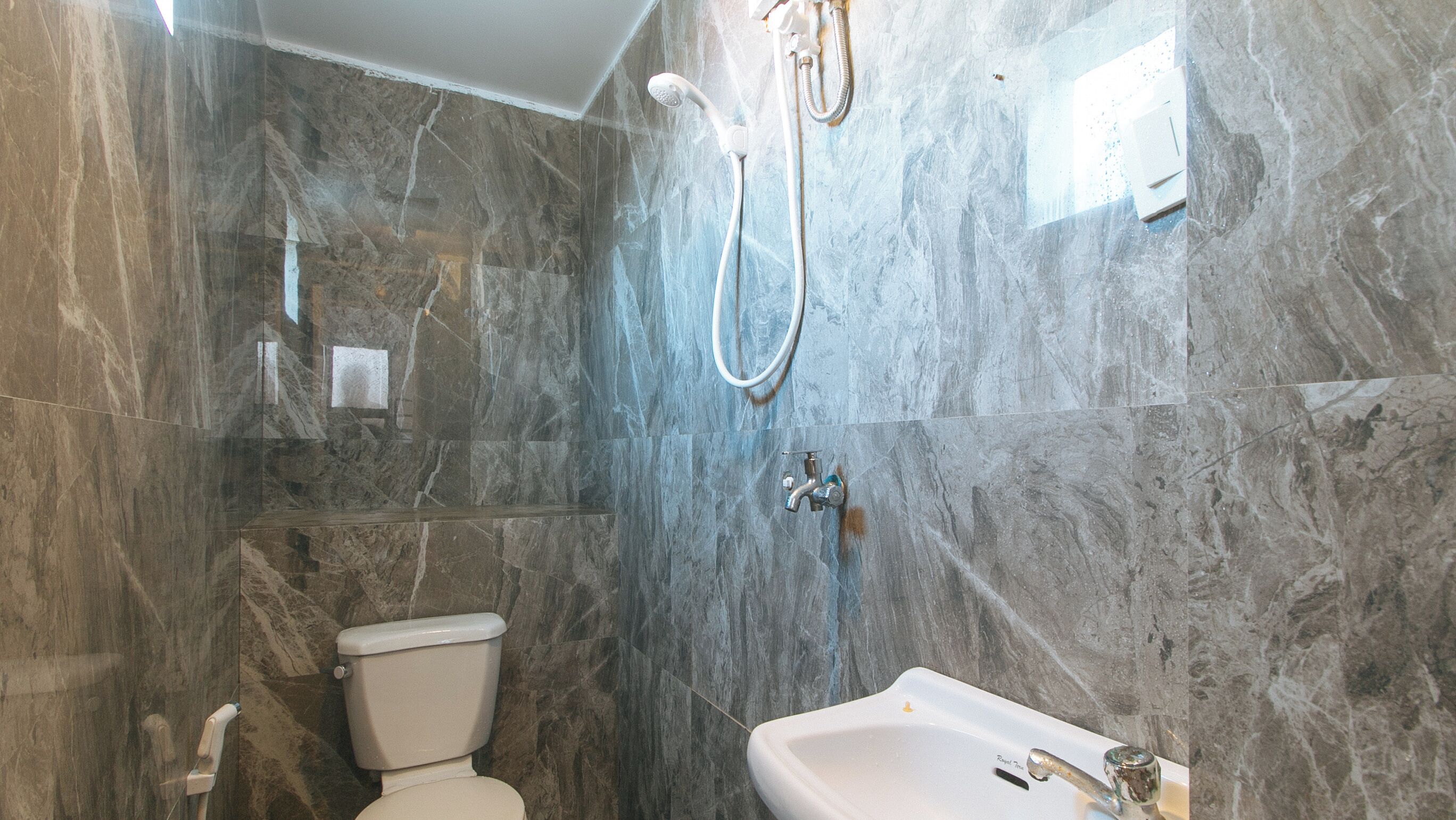 A bathroom with a toilet, a sink, and a shower.