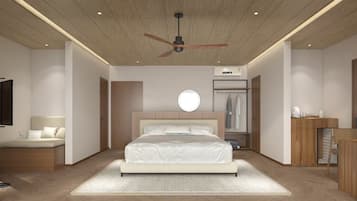 A modern bedroom with a large bed, a ceiling fan, a wardrobe, and a bedside table.