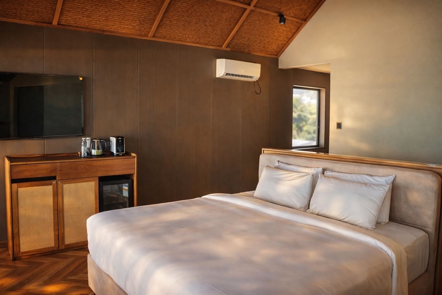 A bedroom with a bed, wooden headboard, a TV mounted on the wall, a small kitchenette with a microwave, and a window providing natural light.