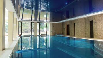 An indoor swimming pool with clear glass walls, a tiled floor, and a view of the outdoors.