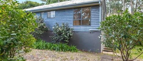 A single-story house with a dark blue exterior, a wooden deck, and a garden with various plants and shrubs.