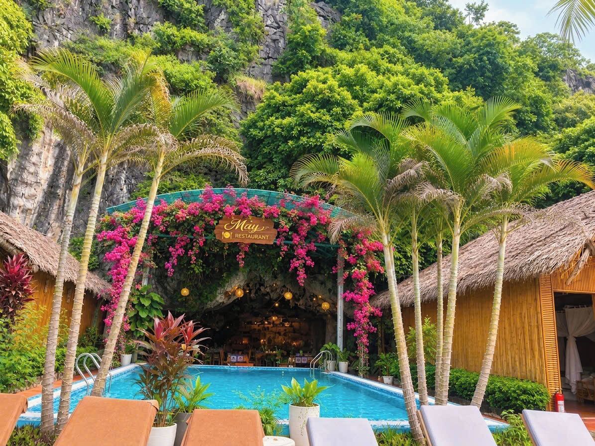 A pool area with lounge chairs, a restaurant named 'May Restaurant,' and a thatched-roof building.