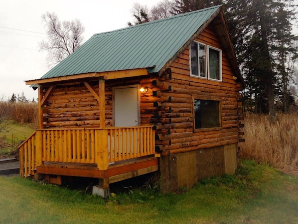 A log cabin with a green metal roof, a front porch, and a single door.