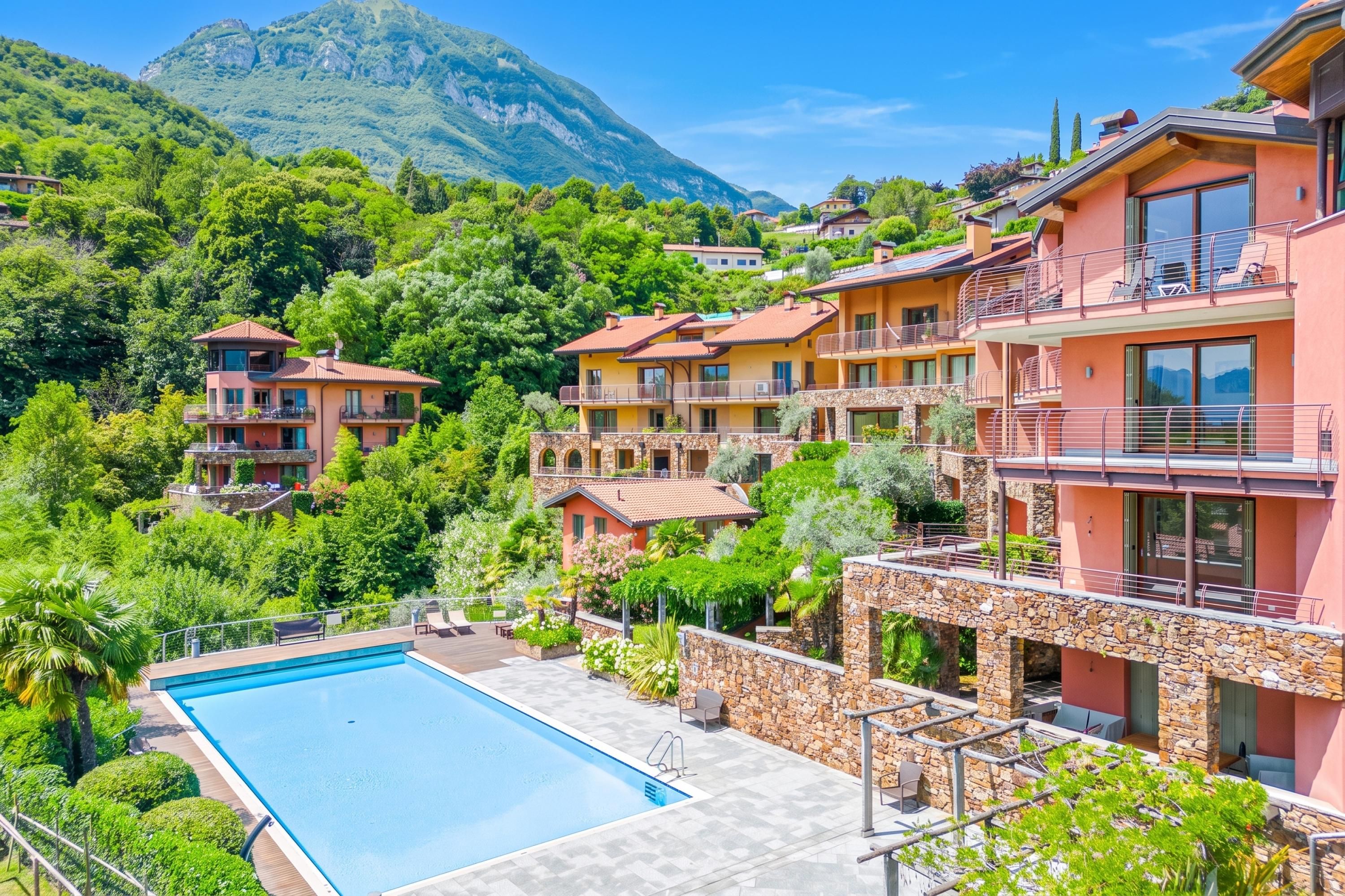 A resort with a swimming pool, multiple balconies, and a mountainous backdrop.