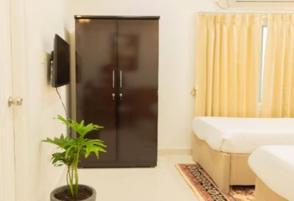 Una habitación con cama, armario, televisor y una planta en maceta.