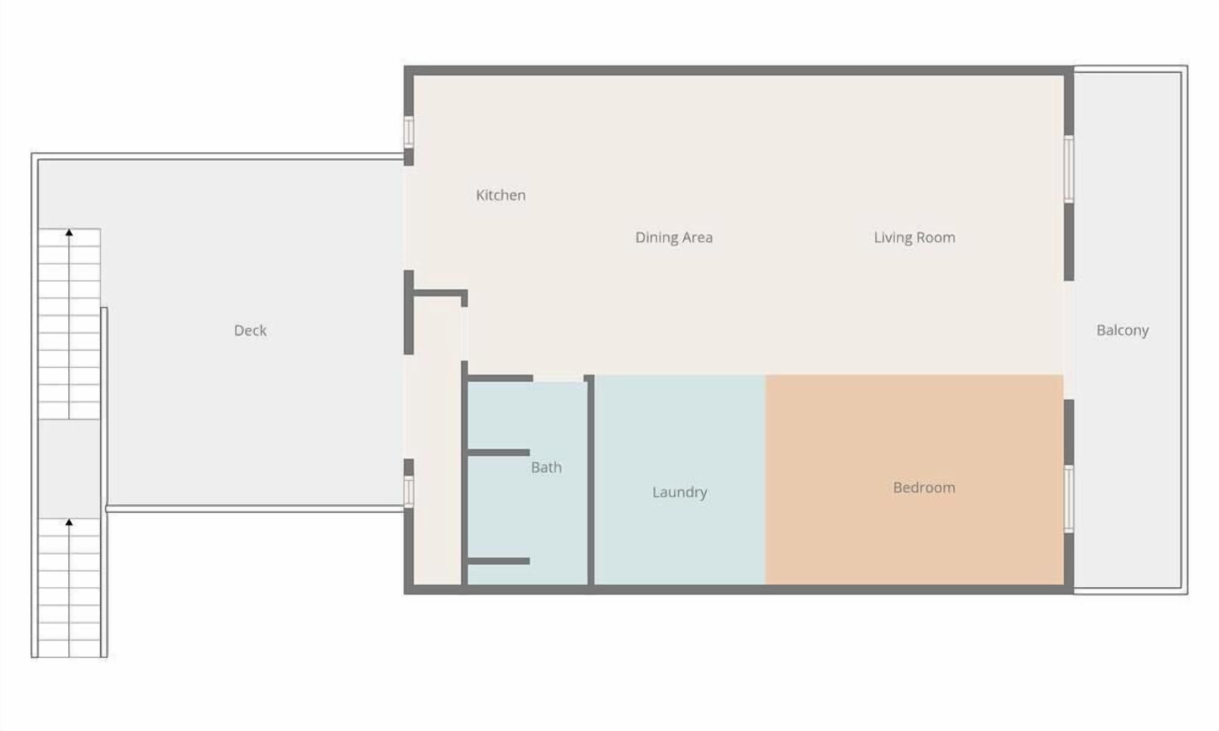 Un plan d’étage comprenant une cuisine, un coin repas, un salon, un balcon, une terrasse, une salle de bain, une buanderie et une chambre.