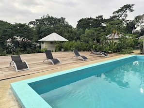 A swimming pool with four lounge chairs, surrounded by lush greenery and a small building with a sloped roof.