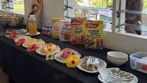 Een ontbijtbuffet met diverse cornflakespakken, borden en bestek.