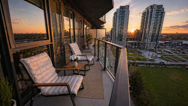 A balcony with two cushioned chairs, a small table with a vase of flowers, and a view of a cityscape with tall buildings.