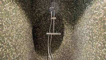 Douche, sĂšche-cheveux, serviettes fournies, savon