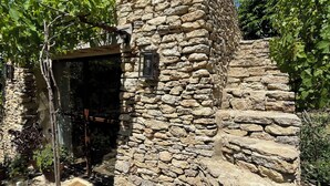 A stone building with a staircase leading up to a door, surrounded by greenery. - Les Savournins Gordes - La Borie des Alpilles (Gordes)