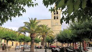 Un área de café al aire libre con mesas y sillas, rodeada de palmeras y un edificio de piedra con una torre del reloj al fondo.
