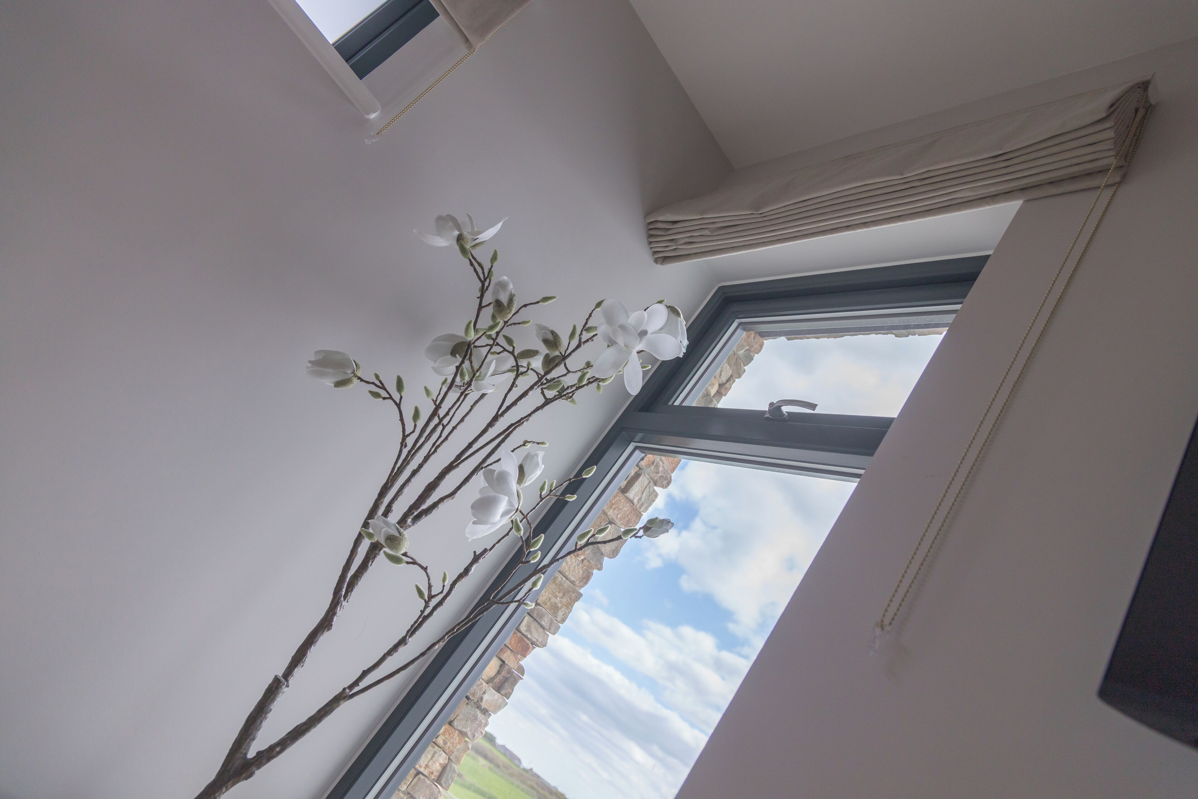 Una habitación con vista al cielo a través de una ventana, una pared blanca y una rama con flores blancas.