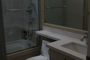 Hair dryer, towels, soap, shampoo