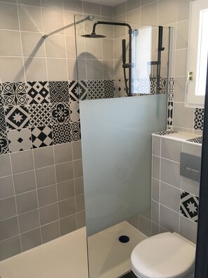 Shower, hair dryer, towels, toilet paper