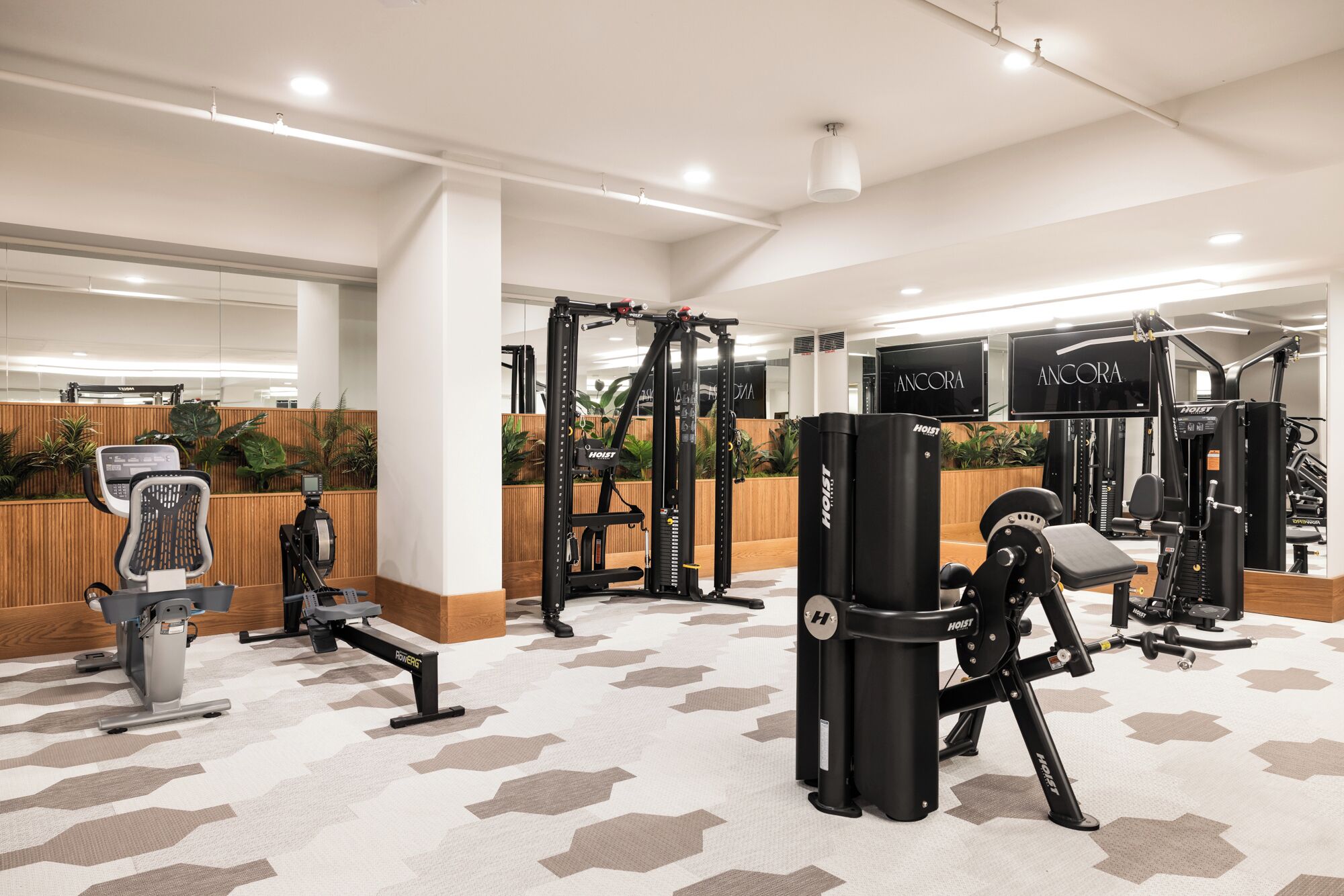 A gym with various exercise equipment, including a rowing machine, a weight bench, and a squat rack.