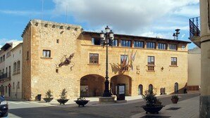 Un bâtiment historique en pierre, doté d’arcades, d’une fontaine centrale et de plusieurs plantes en pot.