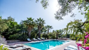 Una piscina con sillas de descanso, rodeada de árboles y plantas.