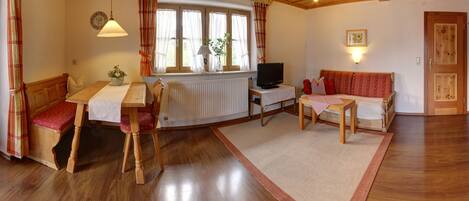 A cozy room with wooden floors, a dining table with chairs, a sofa, a television, and a radiator.