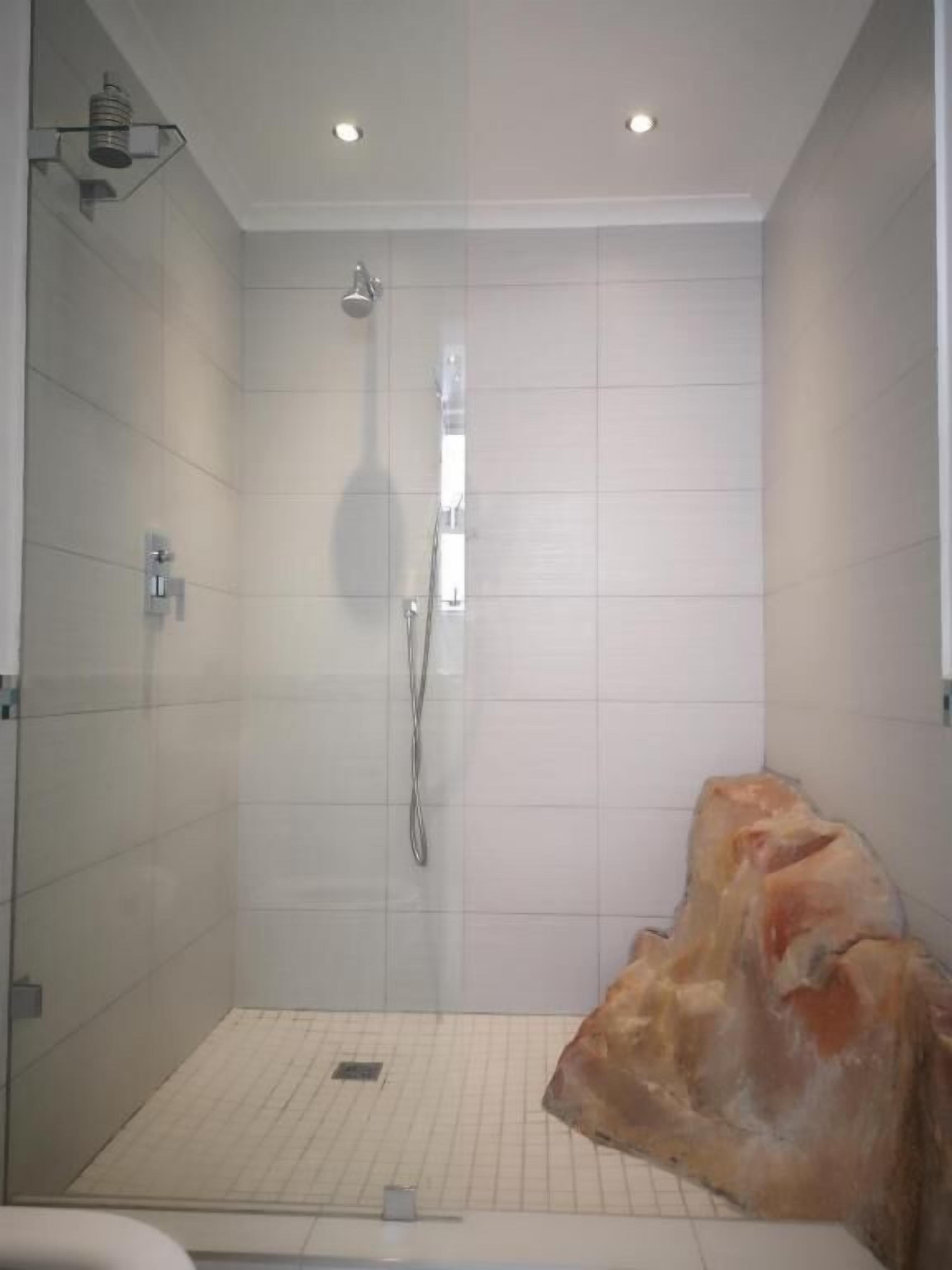 Ducha con puerta de vidrio, cabezal de ducha de mano y grifo empotrado.