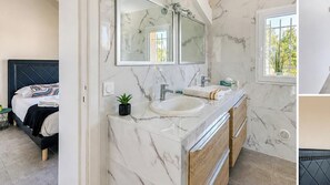 Jetted tub, hair dryer, towels, soap