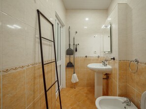 Une salle de bain avec une douche, un lavabo et un miroir.