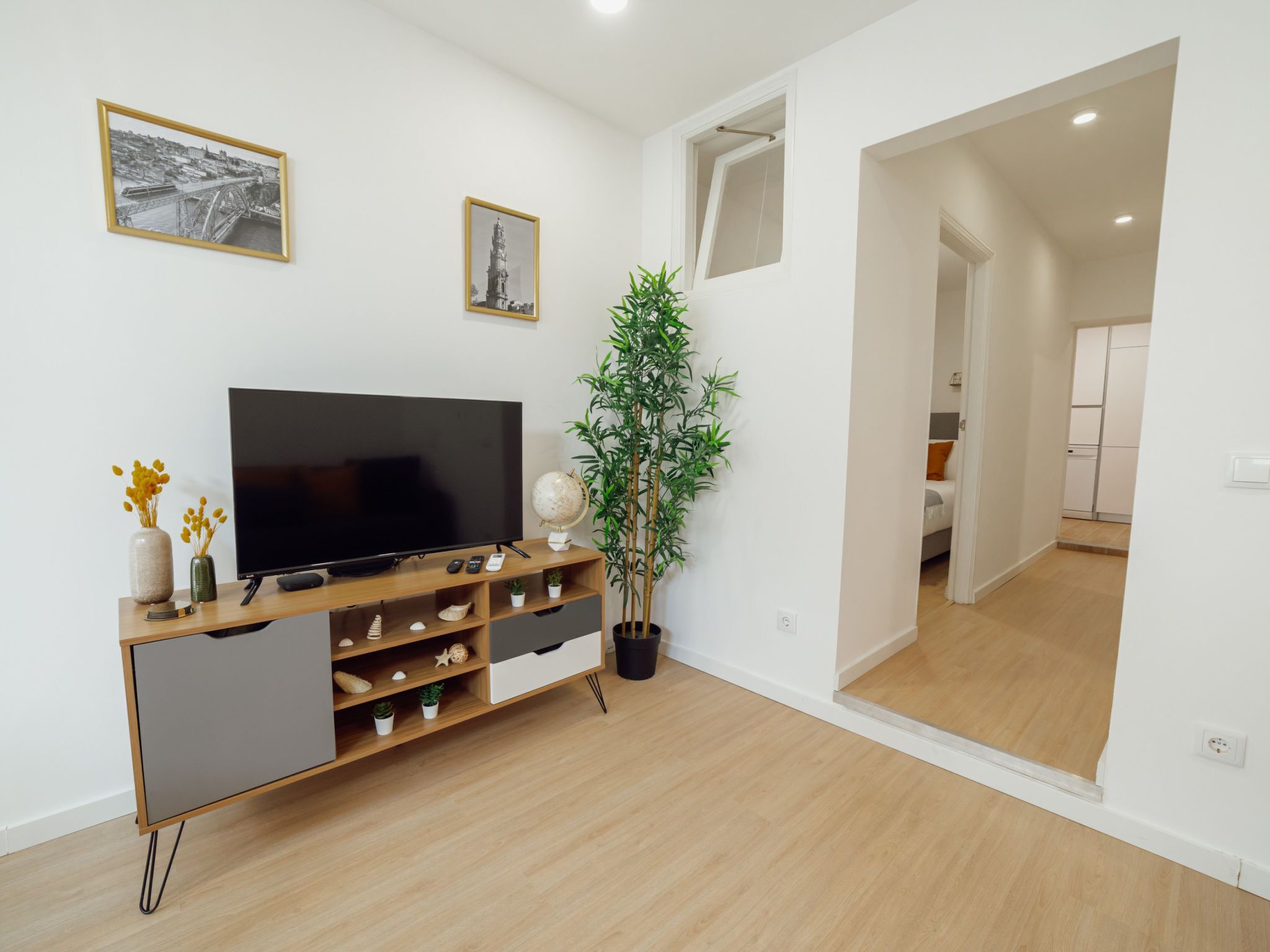 Un salon moderne avec un téléviseur à écran plat, un meuble de rangement en bois et une plante en pot.