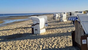 Beachside chairs lined up on a sandy beach with a clear view of the ocean. - Hotel Wernerwald (Cuxhaven)
