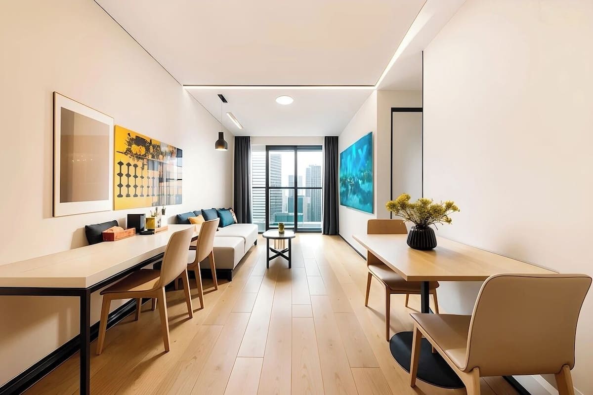 A modern living room with a sofa, a dining table, and a large window with a city view.